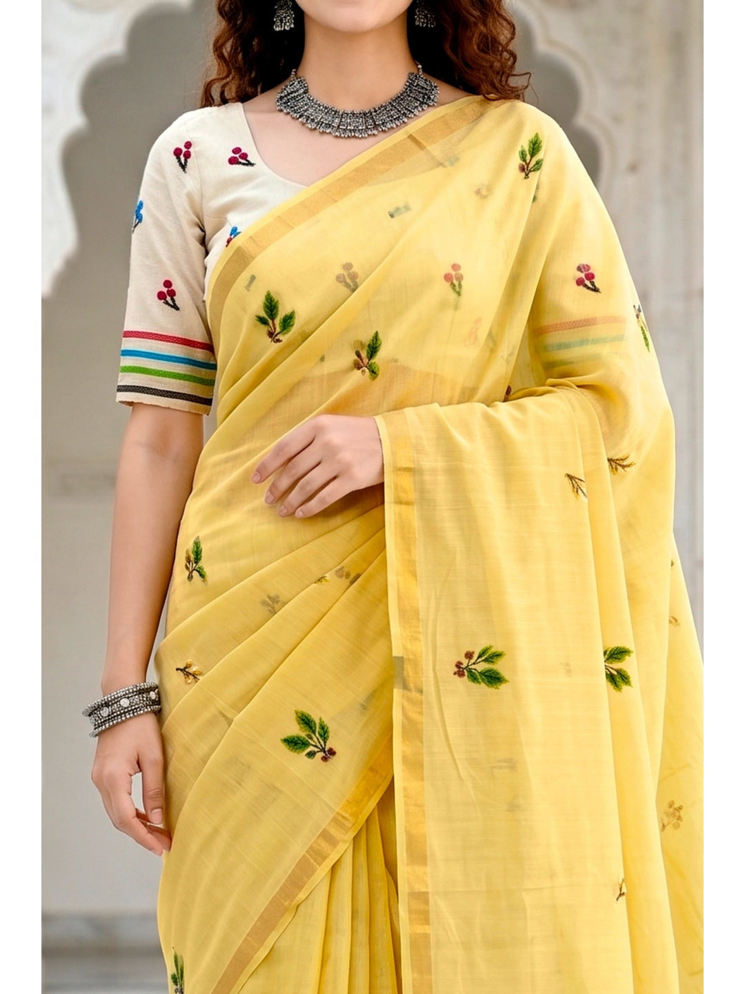 Peachmode Yellow Cotton Blend Mridula Saree - Image 5