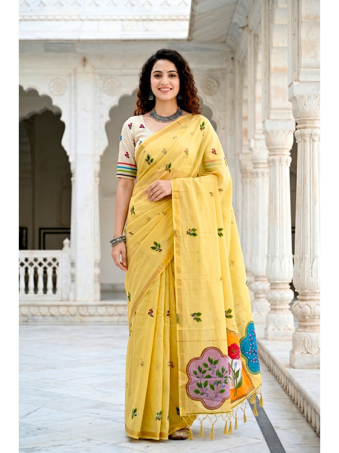 Peachmode Yellow Cotton Blend Mridula Saree - Image 1