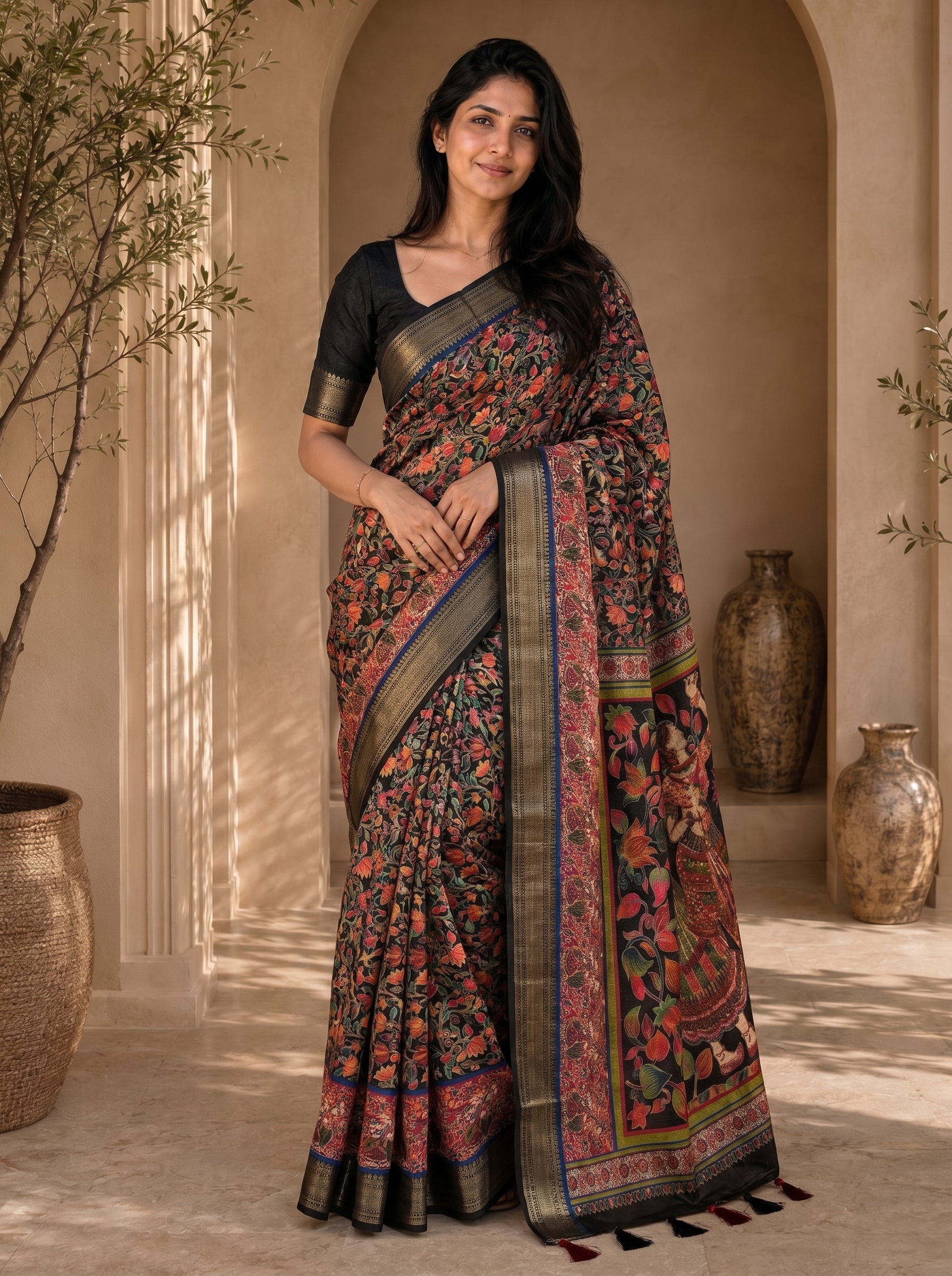 Peachmode Brown Dola Silk Position Digital Print Saree - Image 1