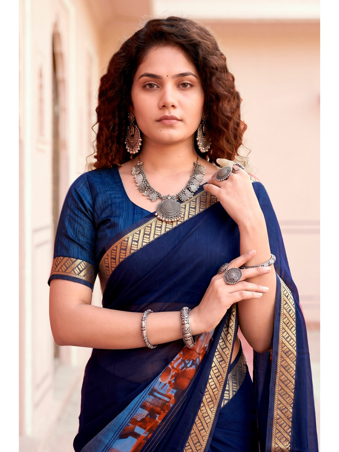 Peachmode Navy Blue Cotton Blend Pankhuri Saree - Image 2