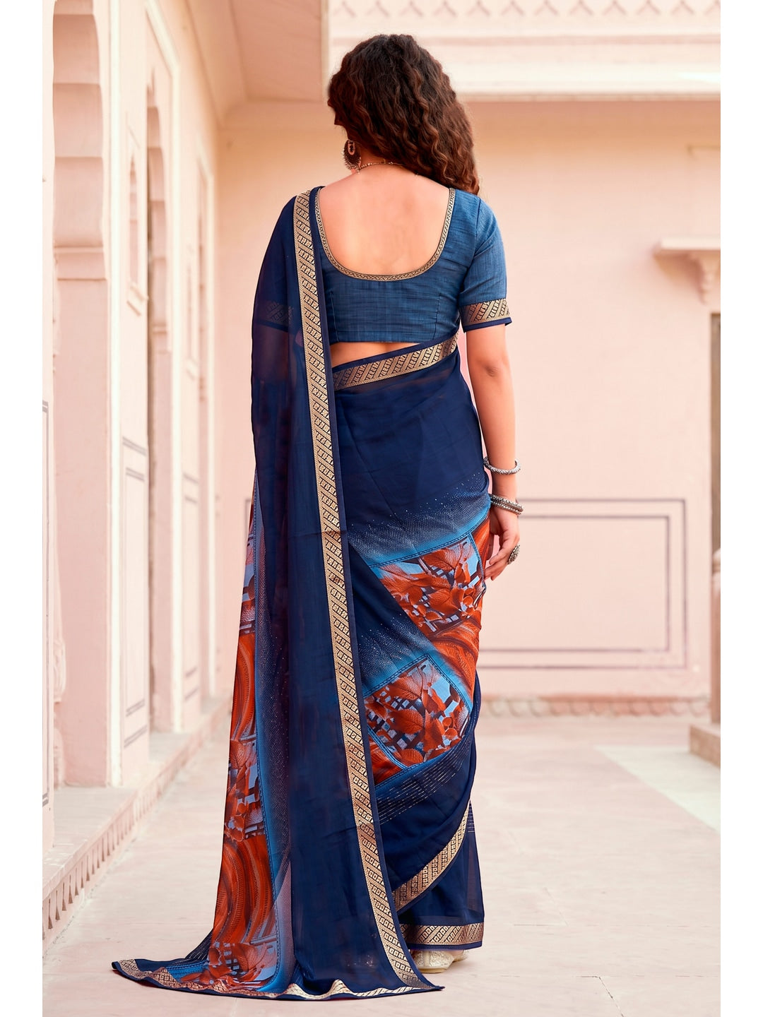 Peachmode Navy Blue Cotton Blend Pankhuri Saree - Image 4