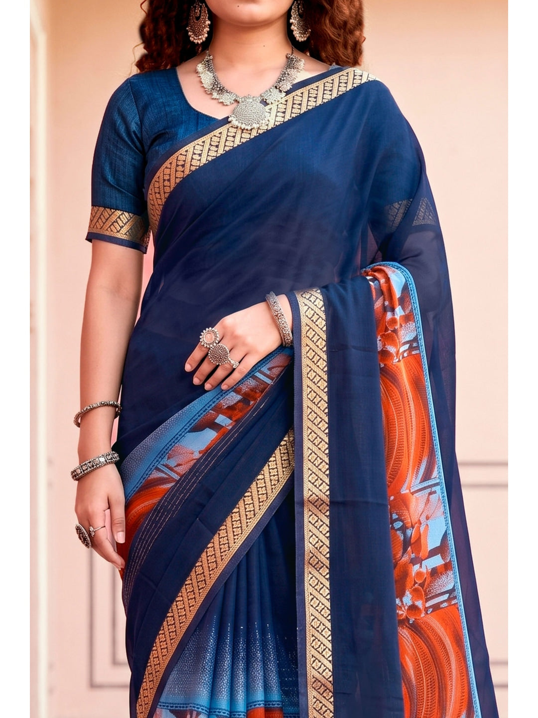 Peachmode Navy Blue Cotton Blend Pankhuri Saree - Image 5