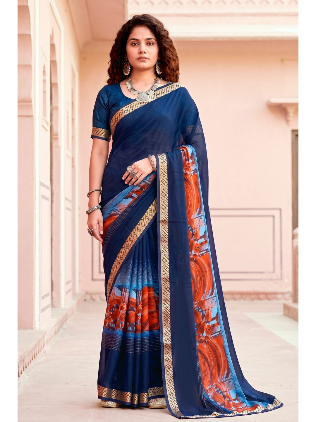 Peachmode Navy Blue Cotton Blend Pankhuri Saree - Image 1