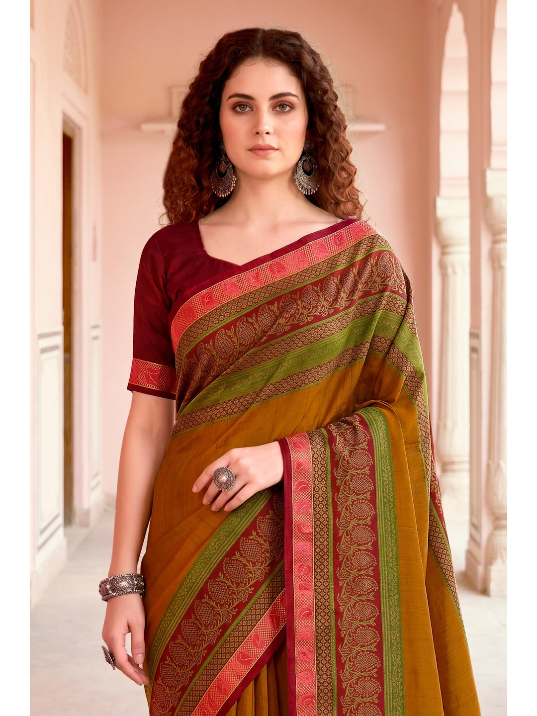 Peachmode Mustard Cotton Blend Pankhuri Saree - Image 2