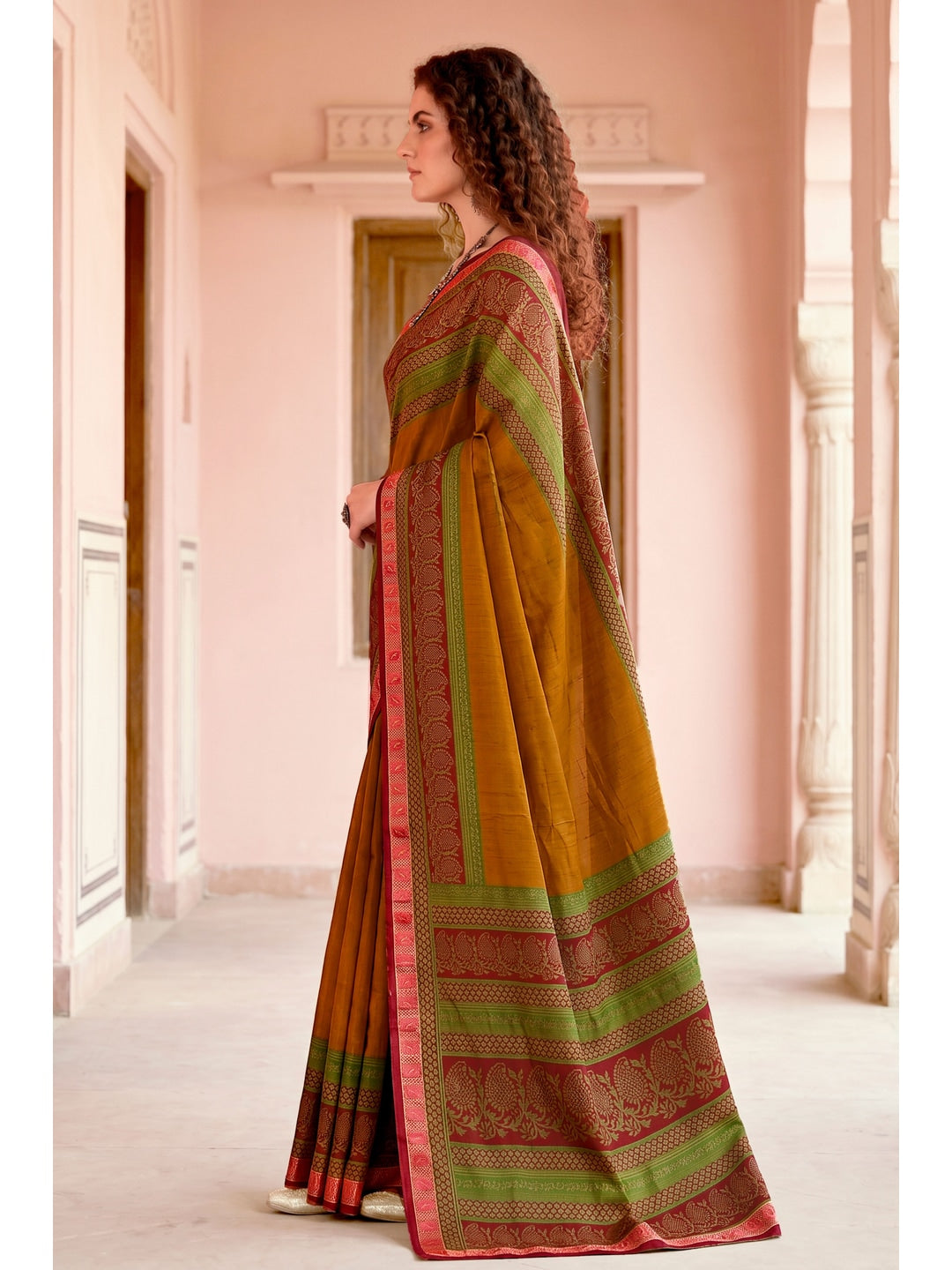Peachmode Mustard Cotton Blend Pankhuri Saree - Image 3