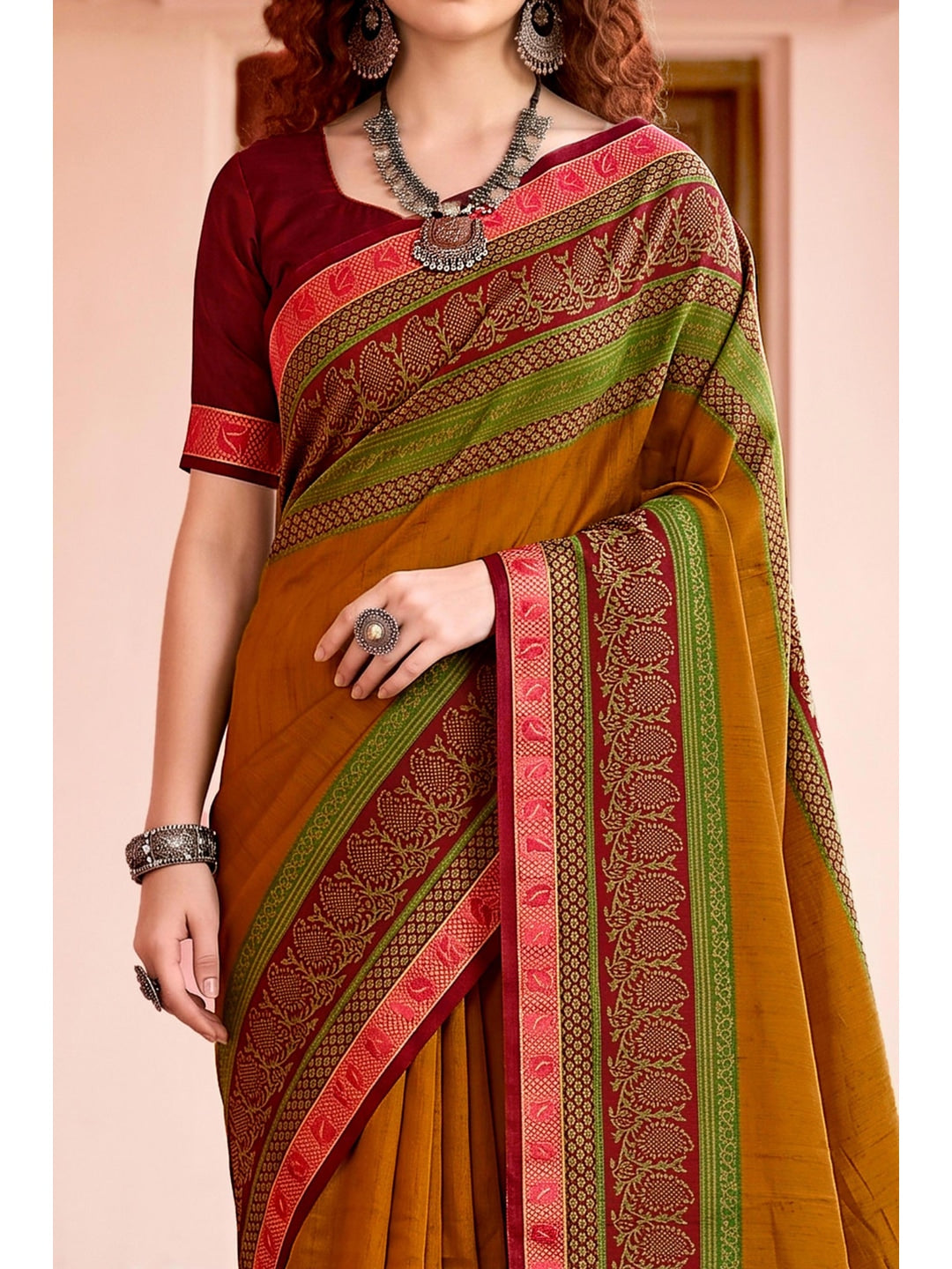 Peachmode Mustard Cotton Blend Pankhuri Saree - Image 5