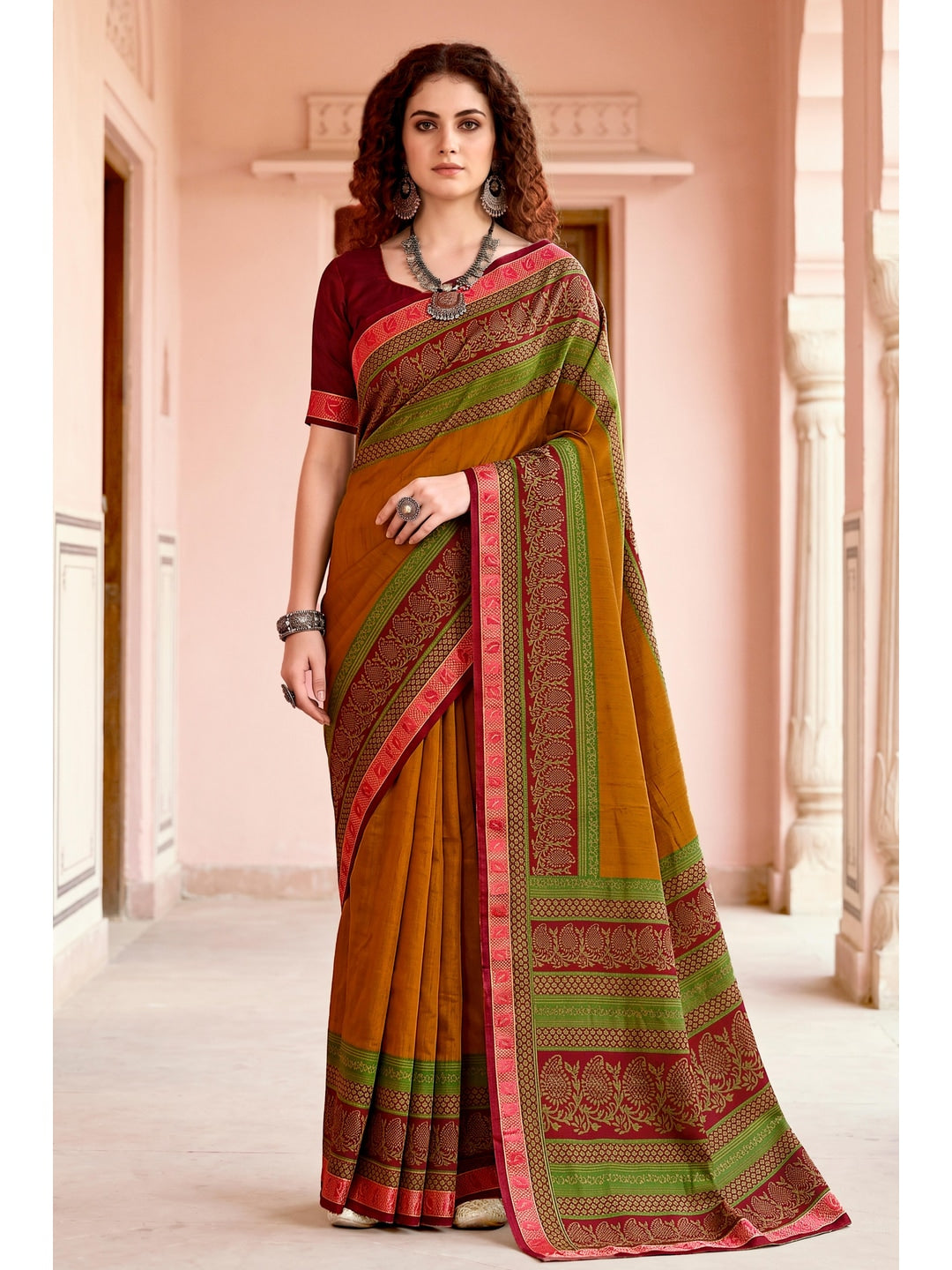 Peachmode Mustard Cotton Blend Pankhuri Saree - Image 1