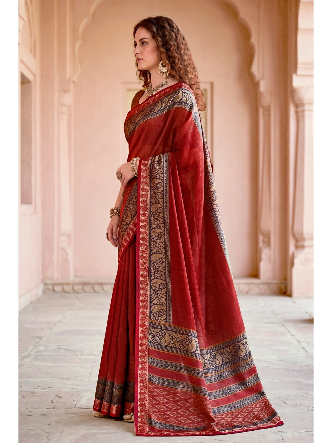 Peachmode Red Cotton Blend Pankhuri Saree - Image 3