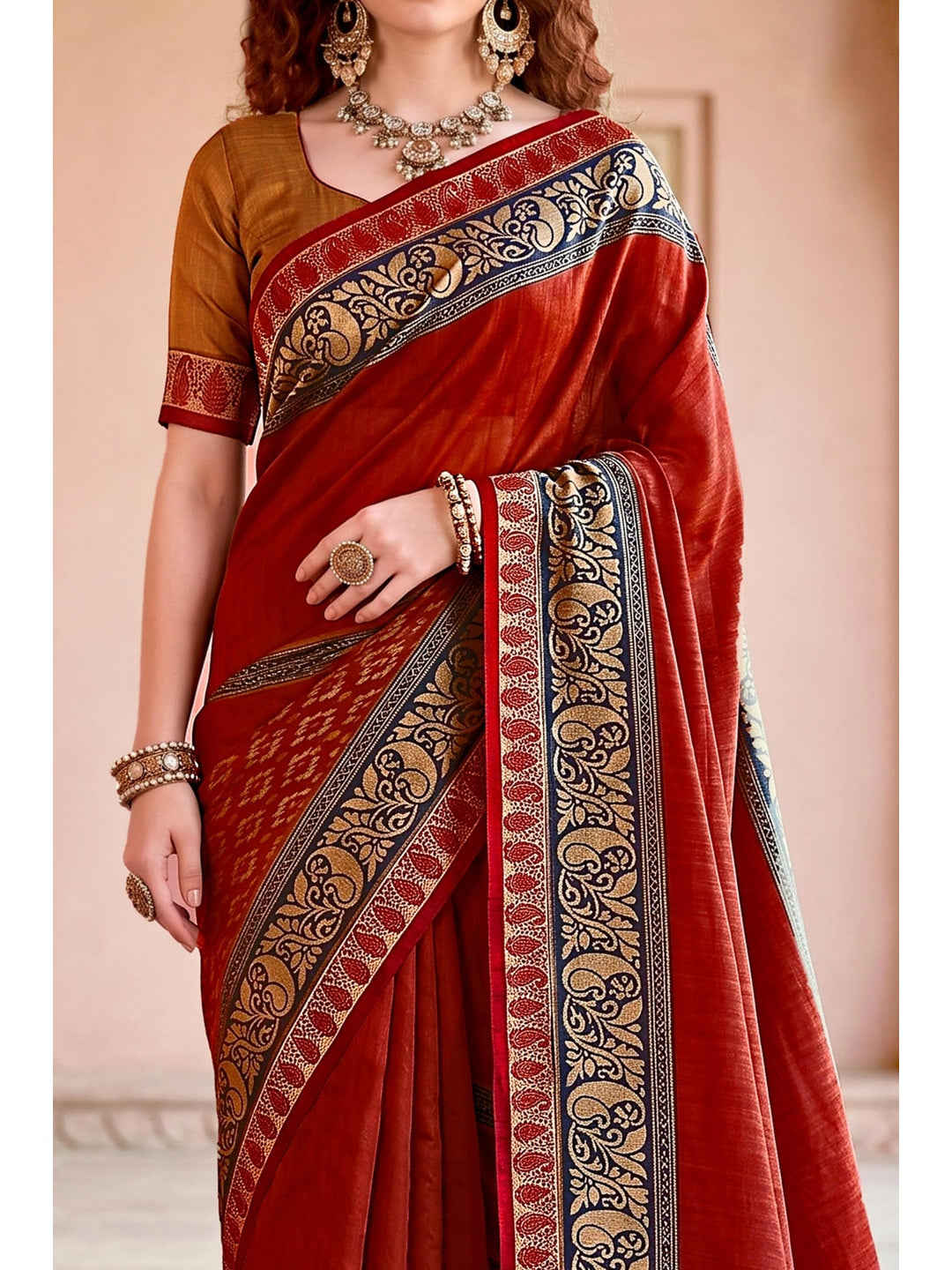 Peachmode Red Cotton Blend Pankhuri Saree - Image 5