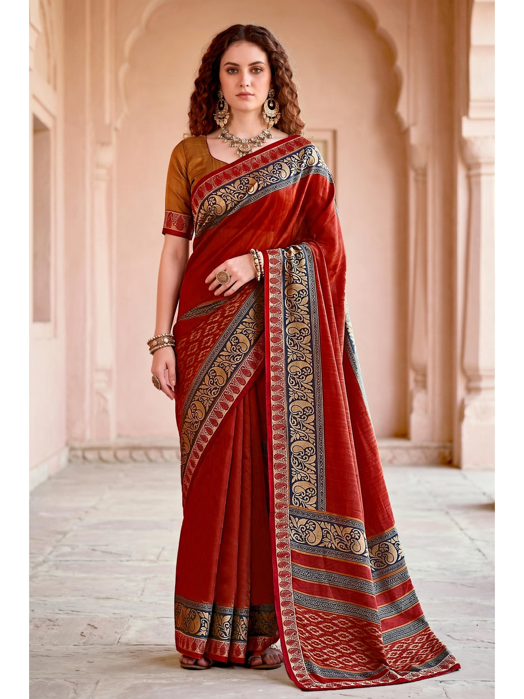 Peachmode Red Cotton Blend Pankhuri Saree - Image 1