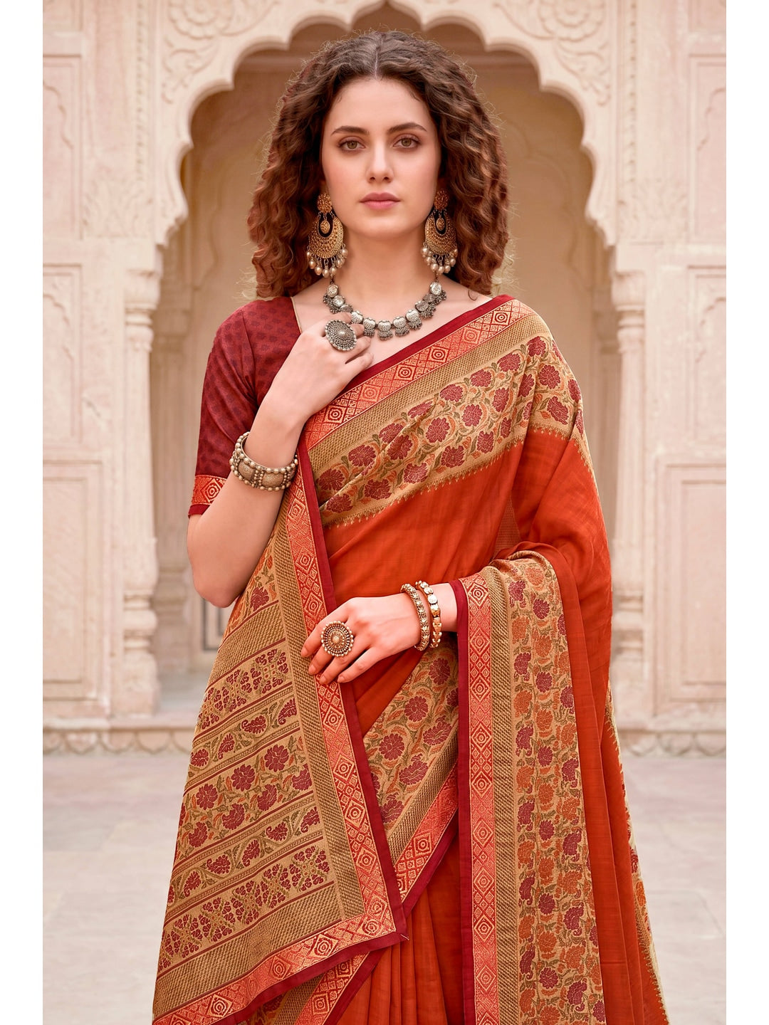 Peachmode Rusty Orange Cotton Blend Pankhuri Saree - Image 2