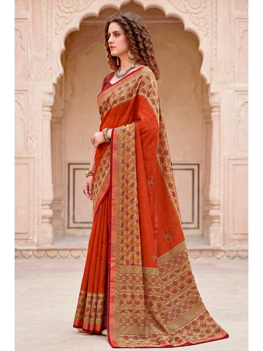 Peachmode Rusty Orange Cotton Blend Pankhuri Saree - Image 3
