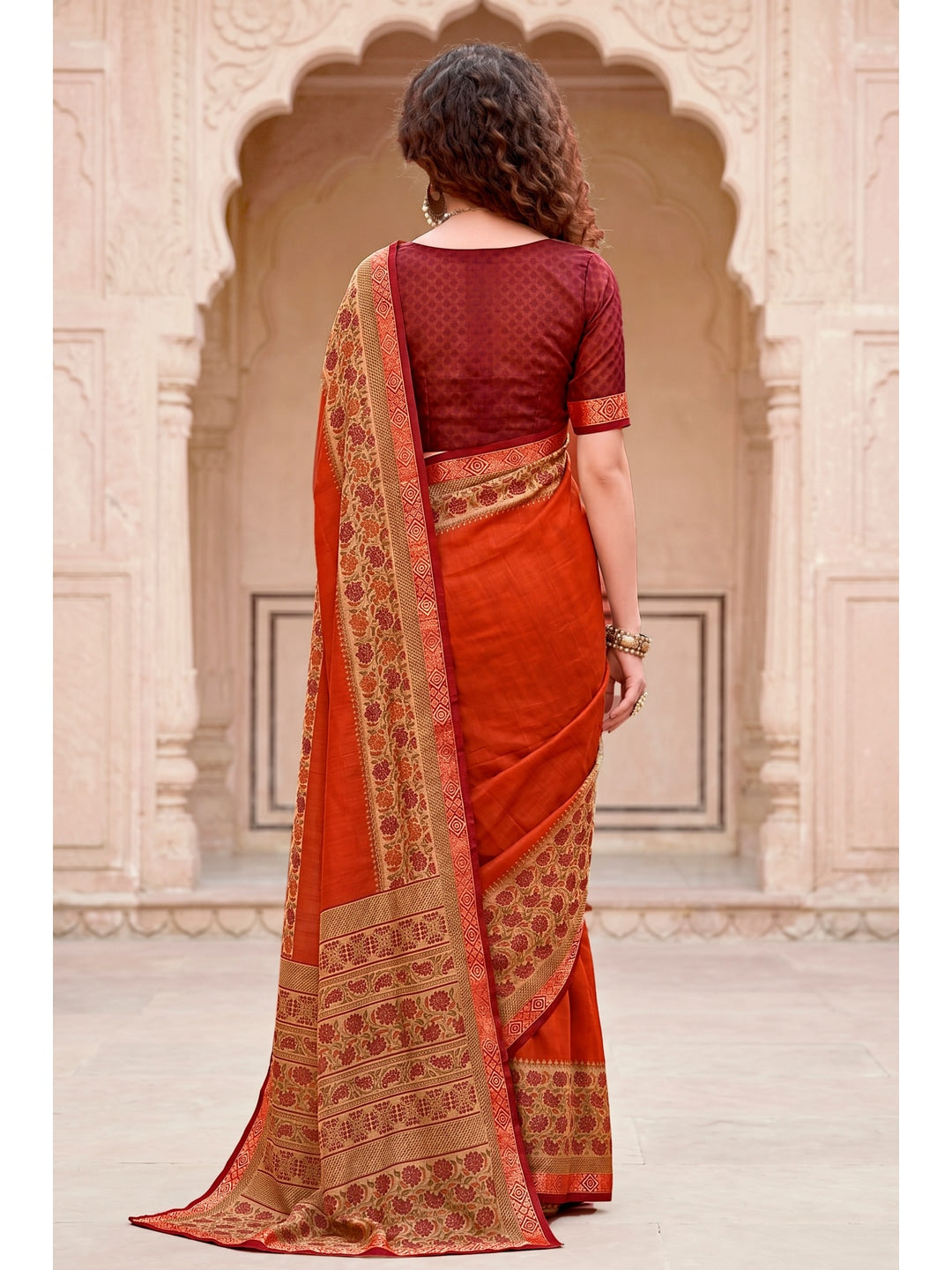 Peachmode Rusty Orange Cotton Blend Pankhuri Saree - Image 4