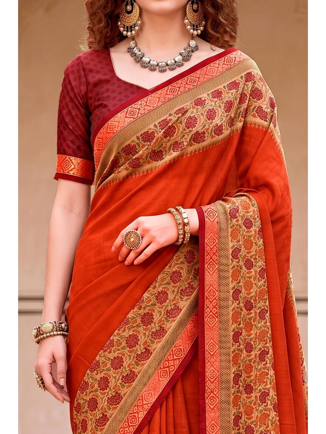 Peachmode Rusty Orange Cotton Blend Pankhuri Saree - Image 5