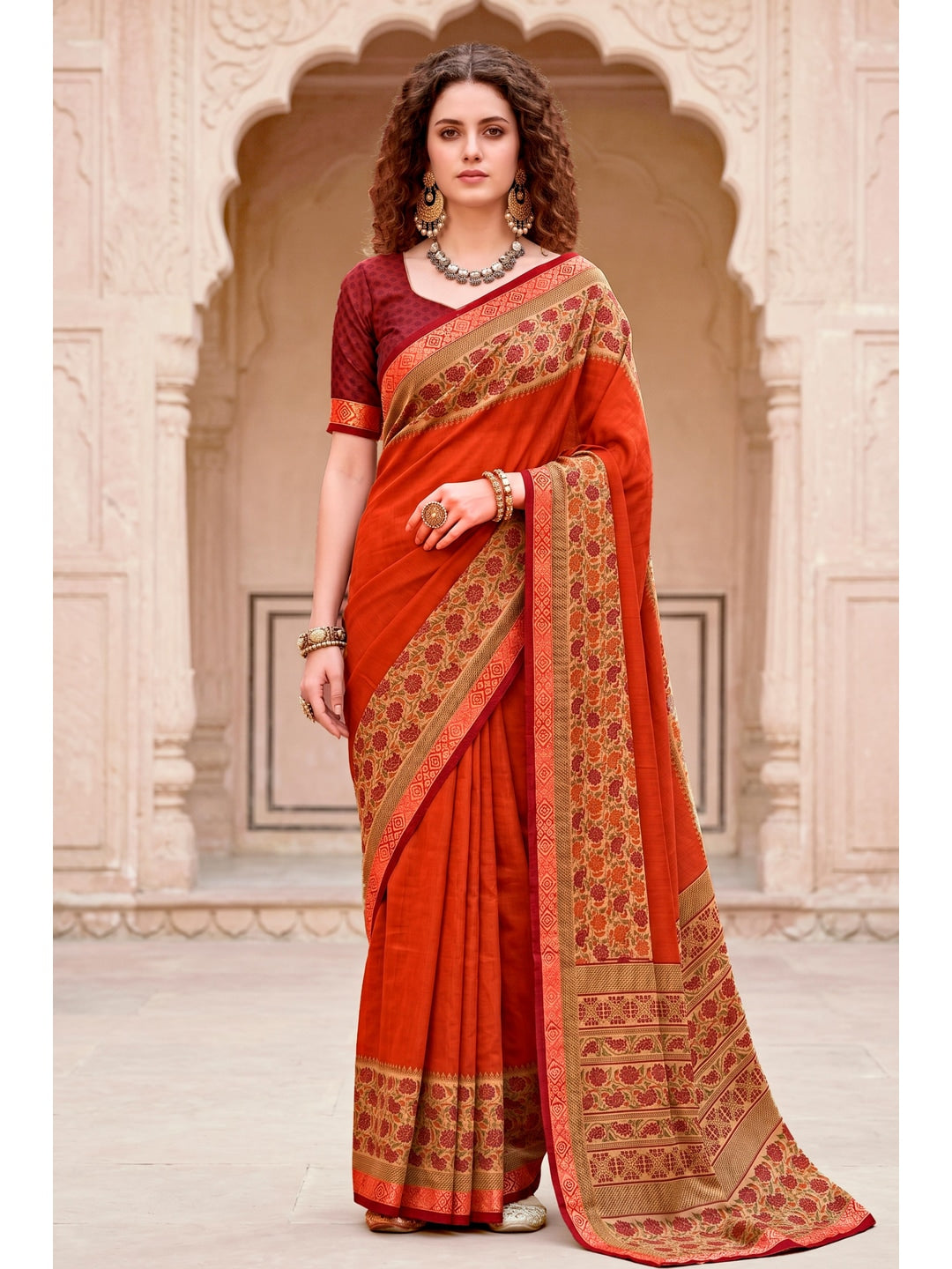 Peachmode Rusty Orange Cotton Blend Pankhuri Saree - Image 1