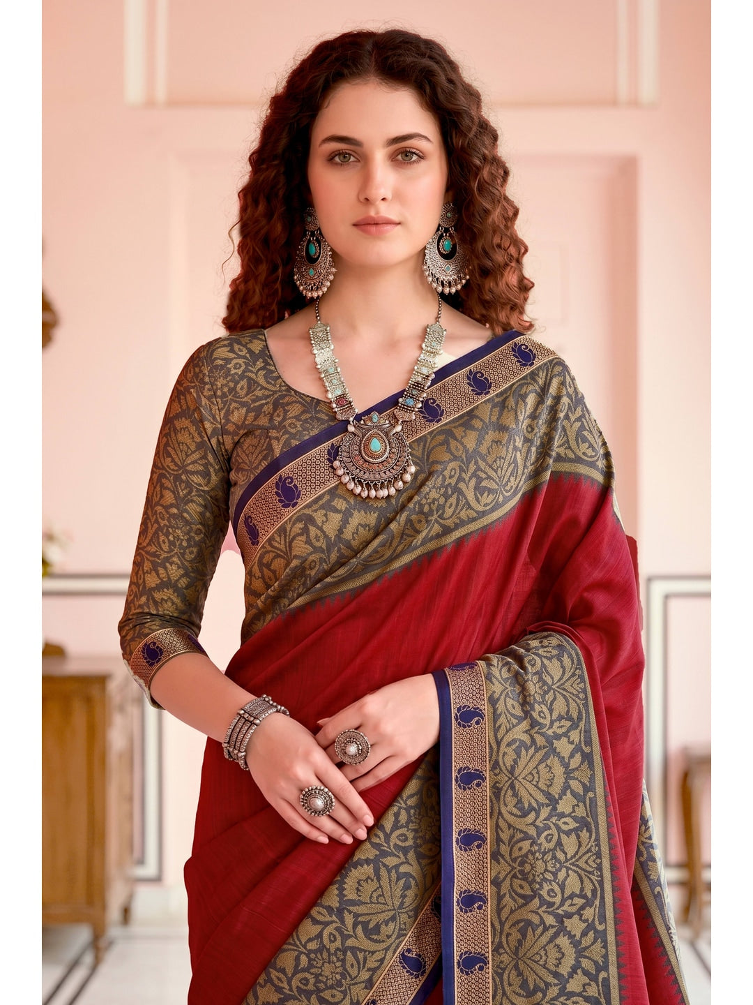 Peachmode Red Cotton Blend Pankhuri Saree - Image 2
