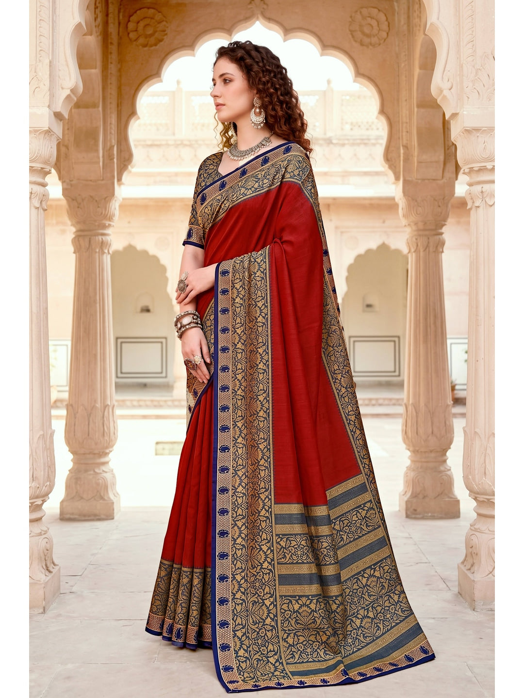 Peachmode Red Cotton Blend Pankhuri Saree - Image 3