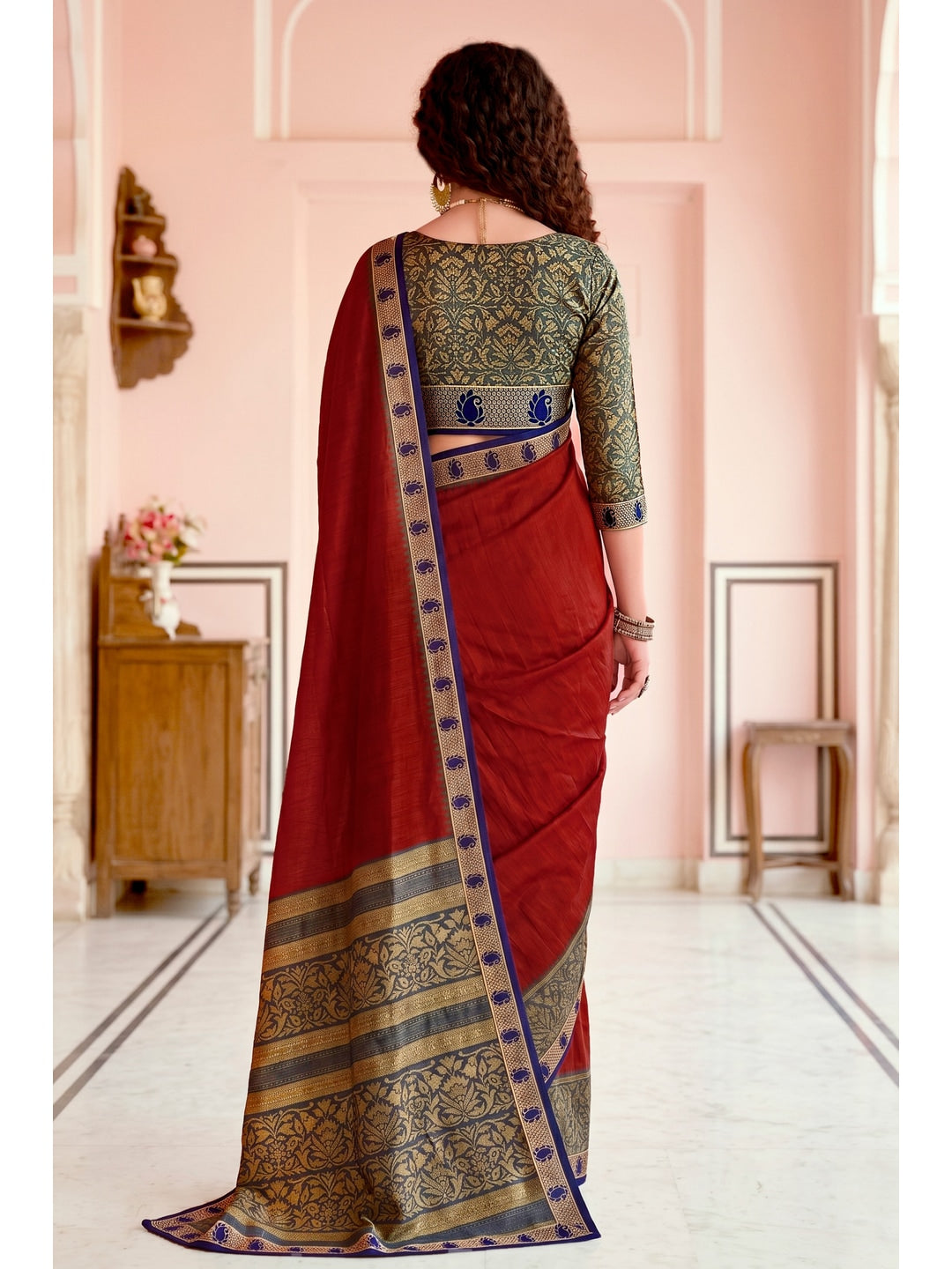 Peachmode Red Cotton Blend Pankhuri Saree - Image 4