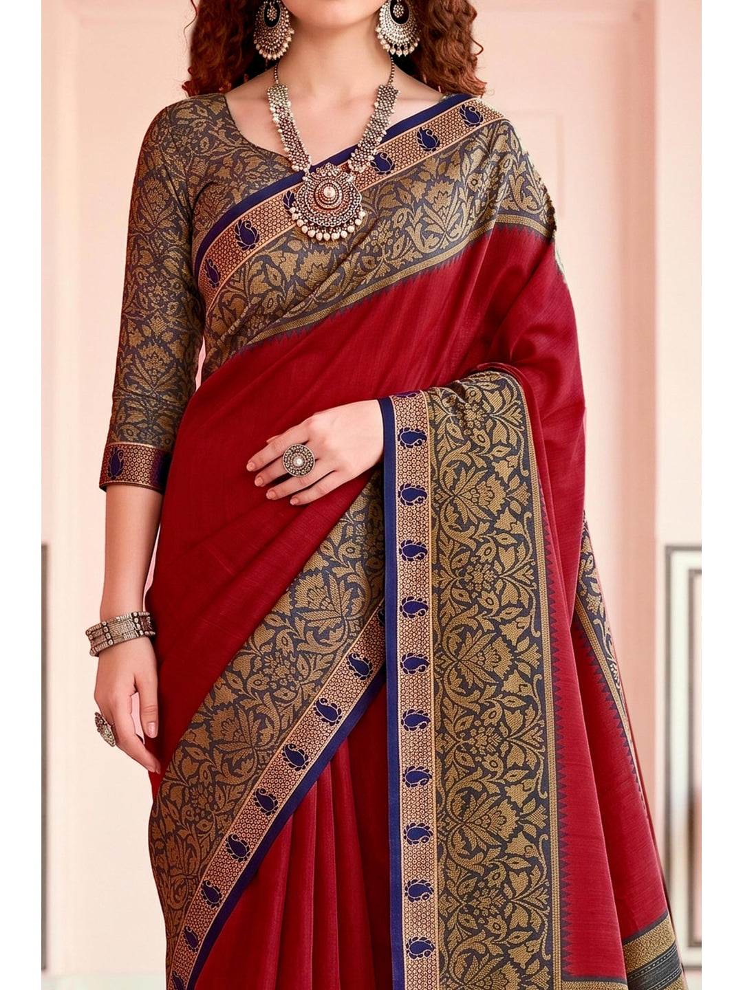 Peachmode Red Cotton Blend Pankhuri Saree - Image 5