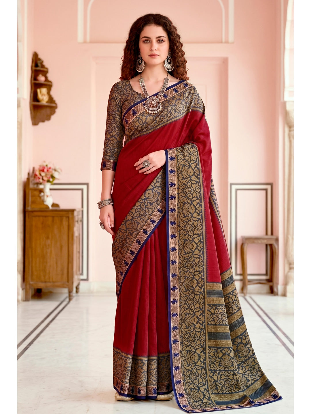 Peachmode Red Cotton Blend Pankhuri Saree - Image 1