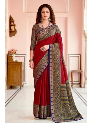 Peachmode Red Cotton Blend Pankhuri Saree - Image 1