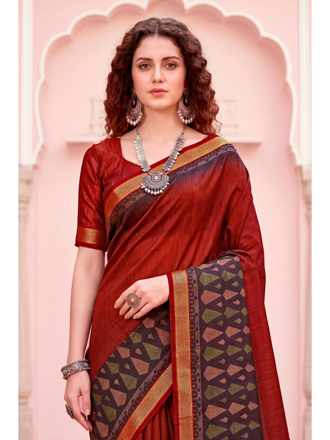 Peachmode Rust Red Cotton Blend Pankhuri Saree - Image 2