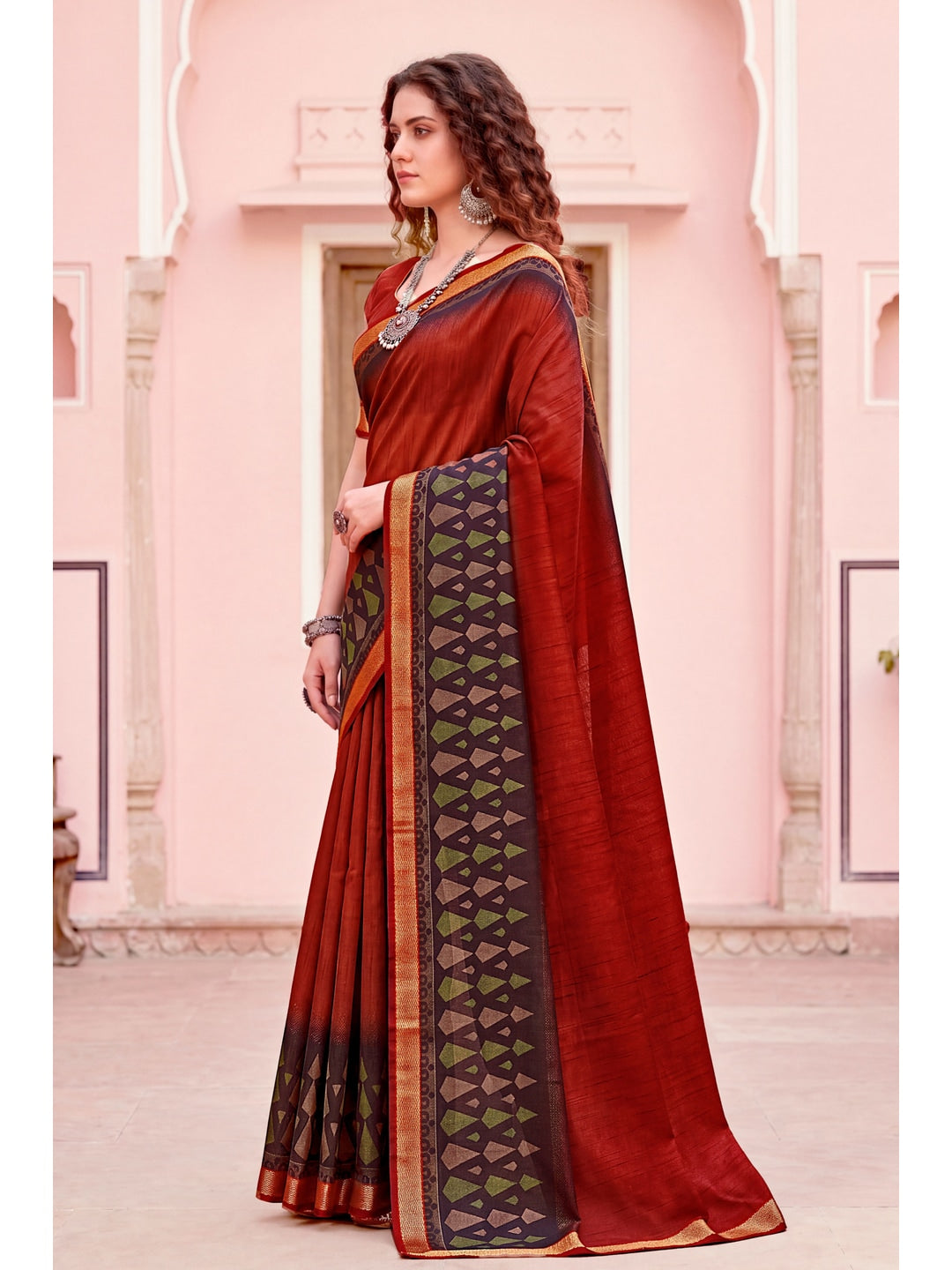 Peachmode Rust Red Cotton Blend Pankhuri Saree - Image 3