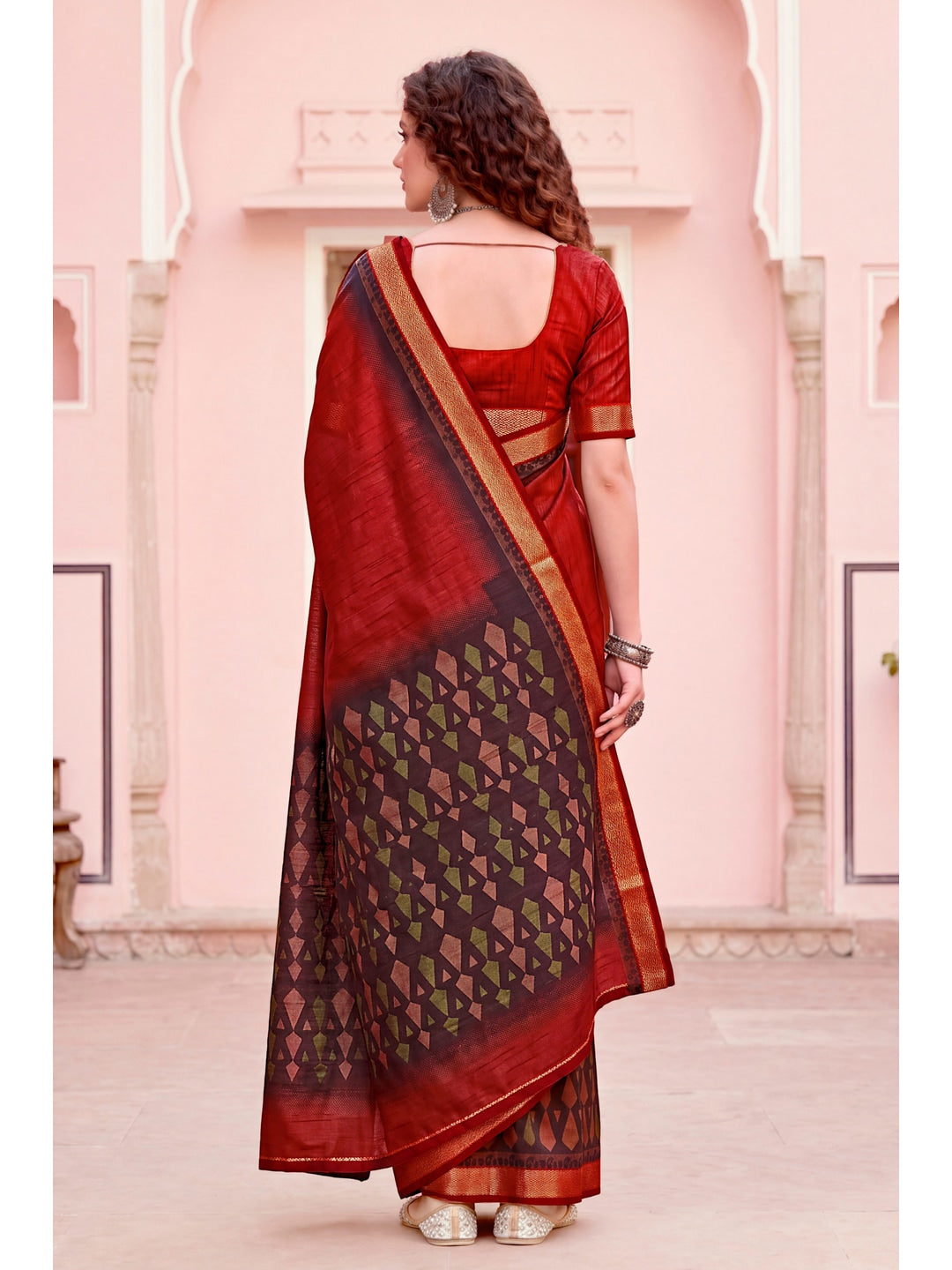 Peachmode Rust Red Cotton Blend Pankhuri Saree - Image 4