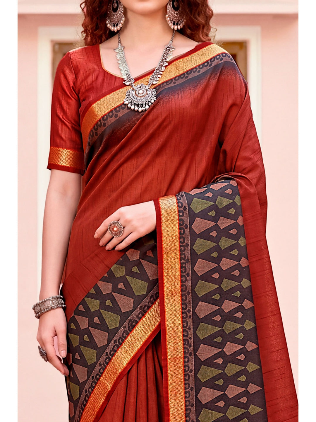 Peachmode Rust Red Cotton Blend Pankhuri Saree - Image 5