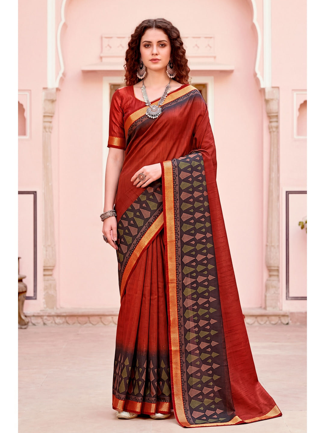 Peachmode Rust Red Cotton Blend Pankhuri Saree - Image 1