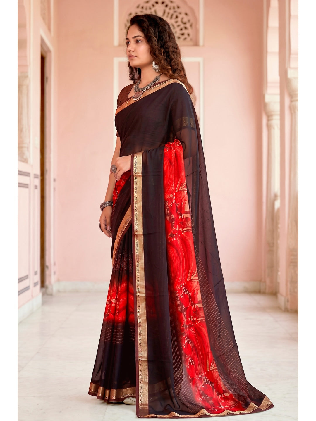 Peachmode Brown Cotton Blend Pankhuri Saree - Image 3