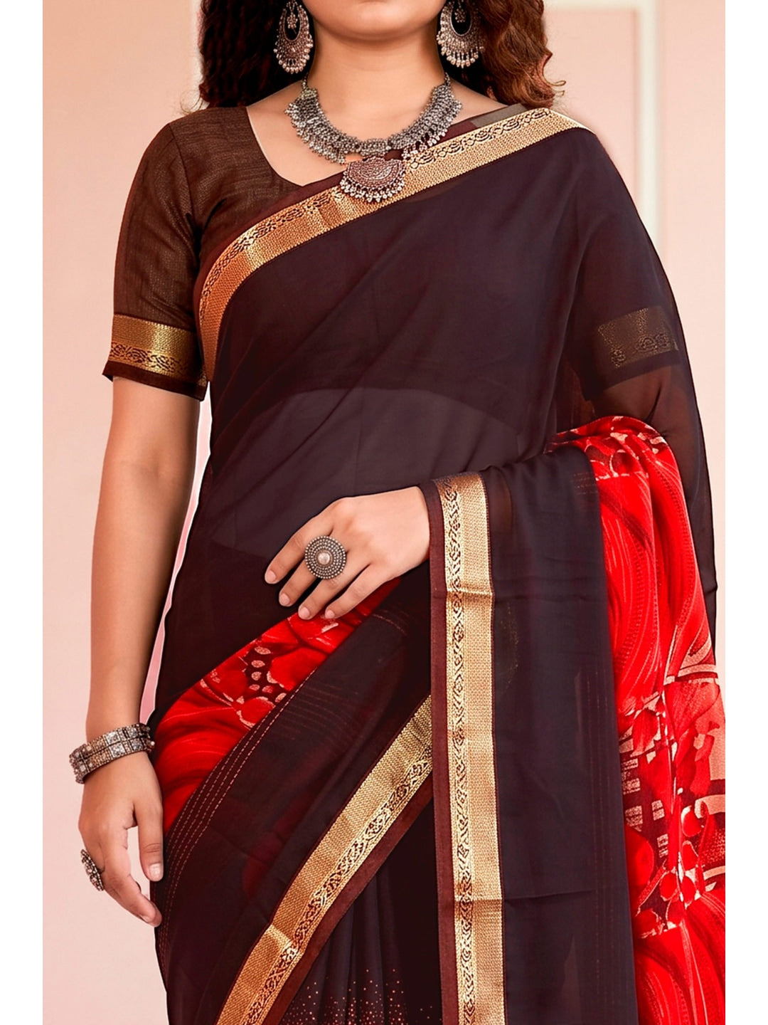Peachmode Brown Cotton Blend Pankhuri Saree - Image 5