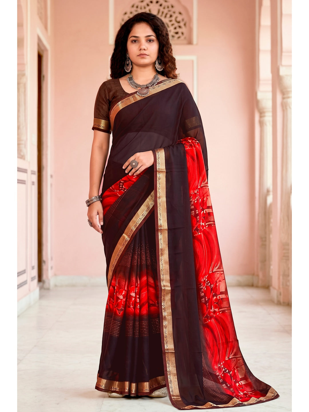 Peachmode Brown Cotton Blend Pankhuri Saree - Image 1