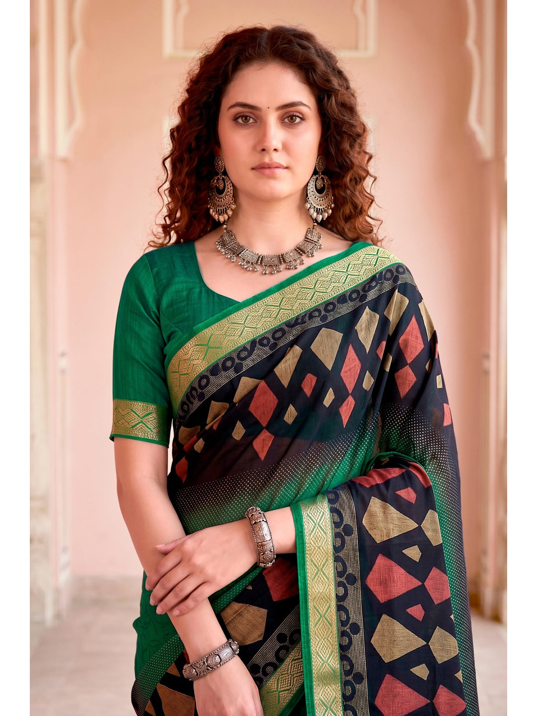 Peachmode Green Cotton Blend Pankhuri Saree - Image 2