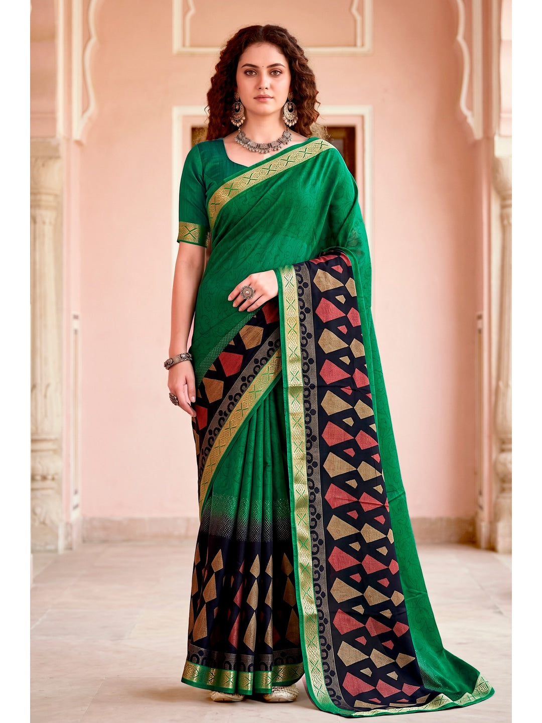 Peachmode Green Cotton Blend Pankhuri Saree - Image 1