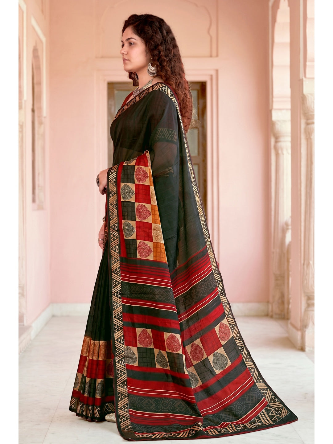 Peachmode Green Cotton Blend Pankhuri Saree - Image 3