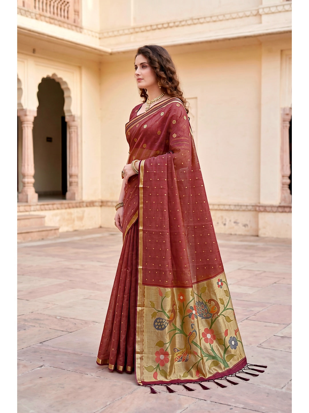 Peachmode Maroon Cotton Blend Prachi Cotton Saree - Image 2