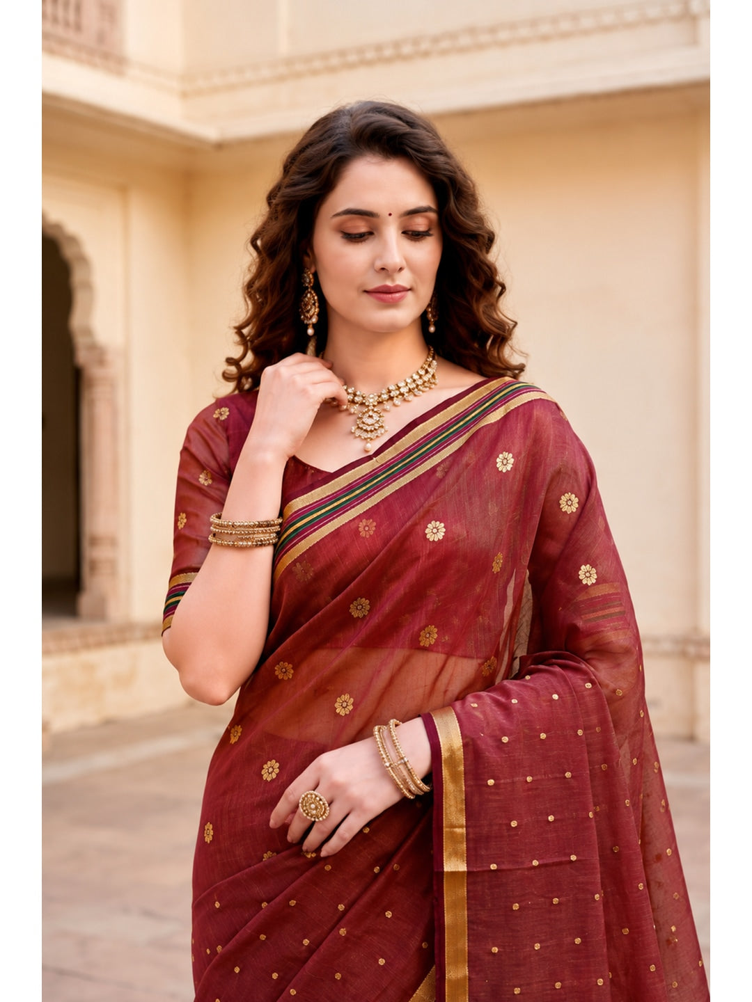 Peachmode Maroon Cotton Blend Prachi Cotton Saree - Image 3