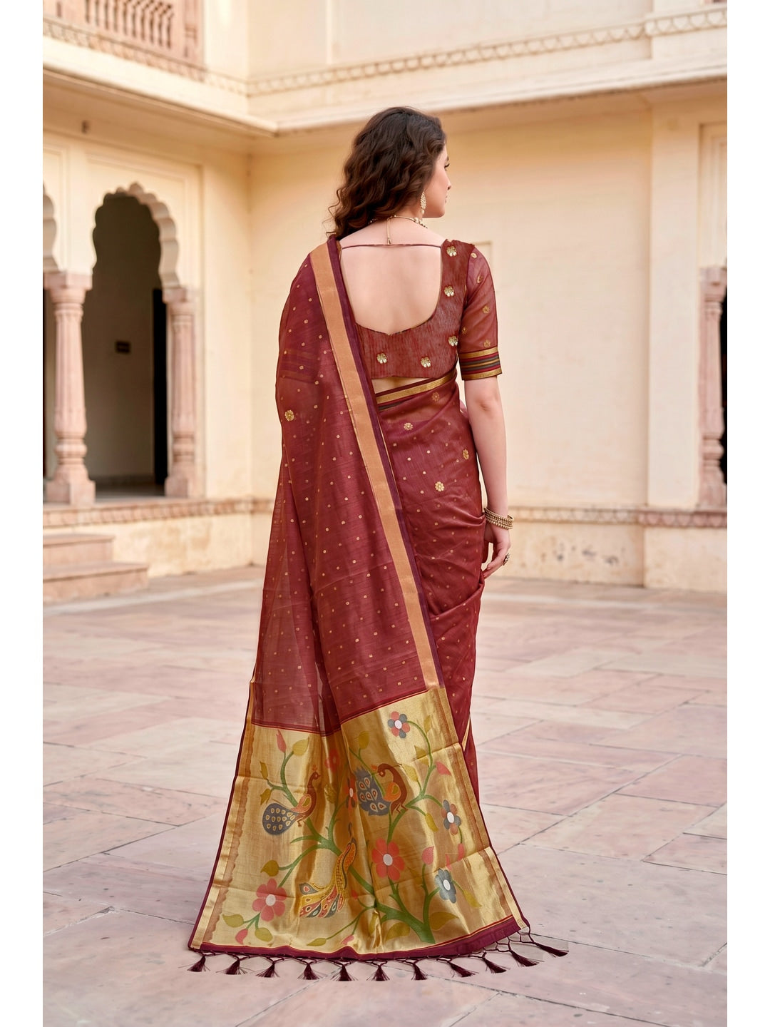 Peachmode Maroon Cotton Blend Prachi Cotton Saree - Image 4