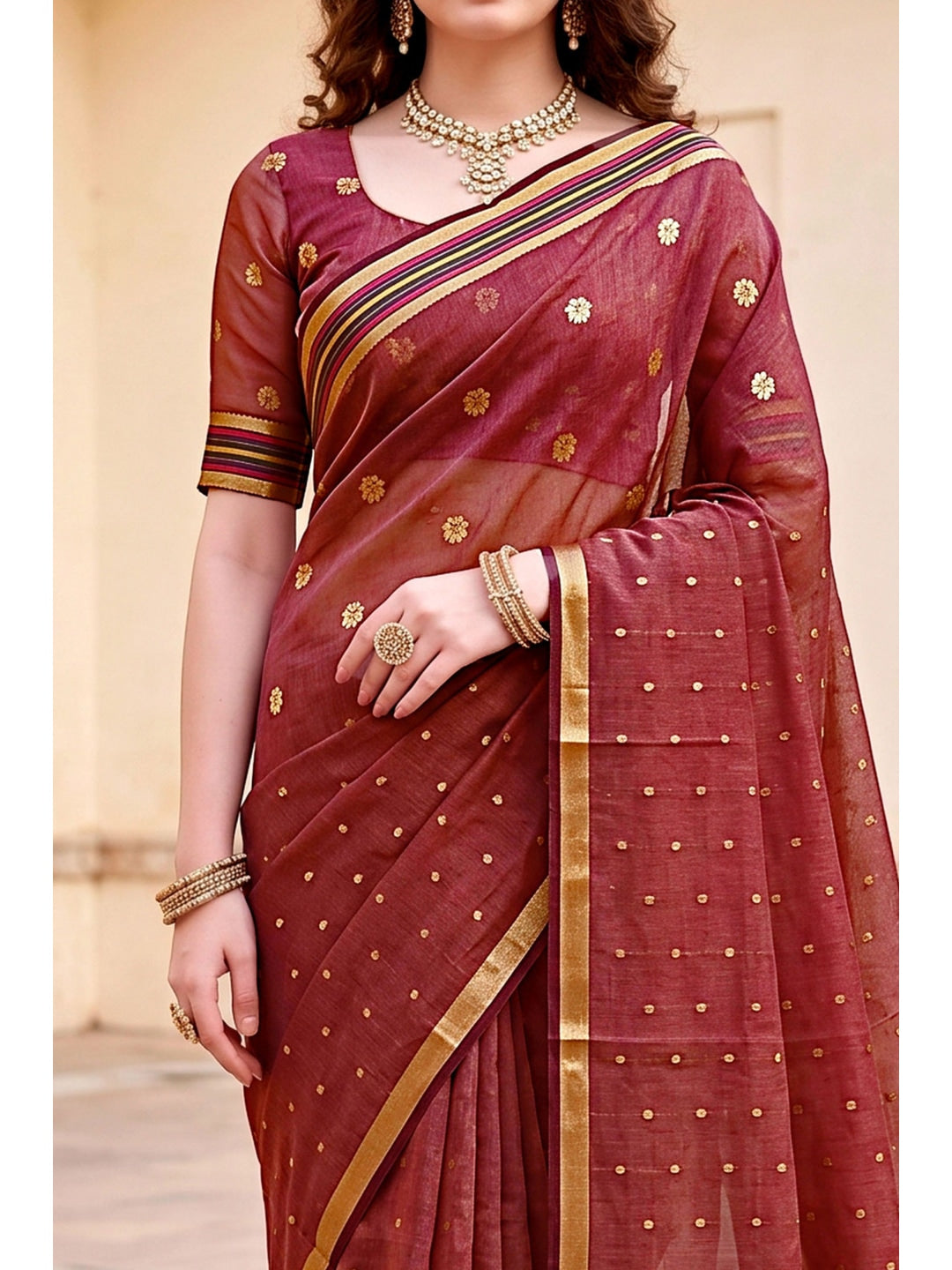 Peachmode Maroon Cotton Blend Prachi Cotton Saree - Image 5