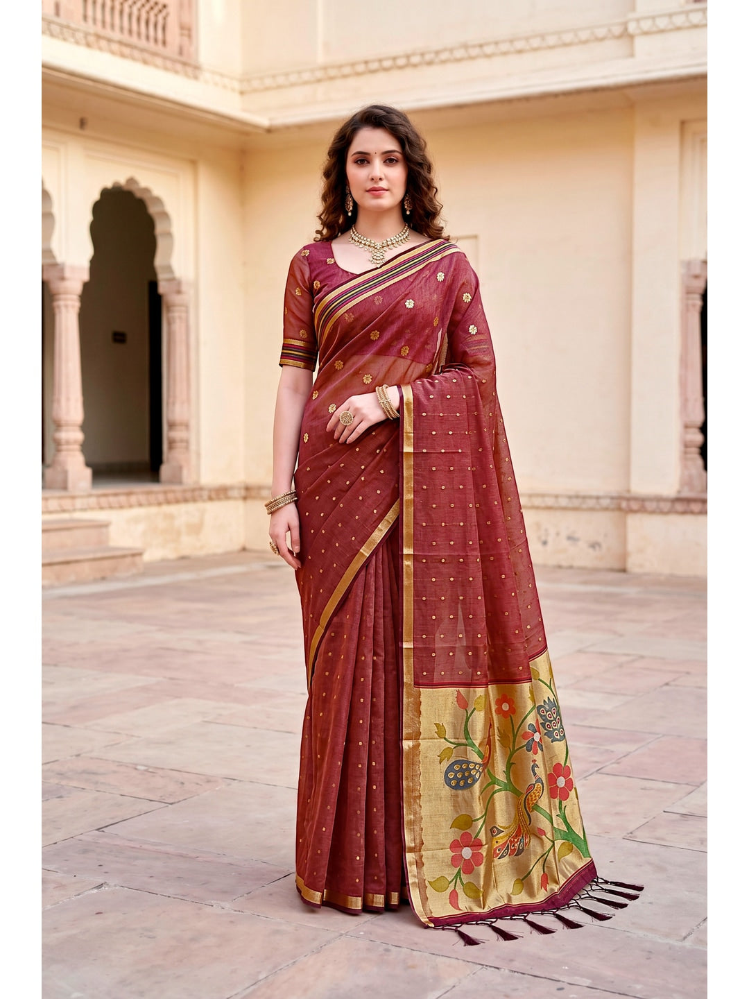 Peachmode Maroon Cotton Blend Prachi Cotton Saree - Image 1