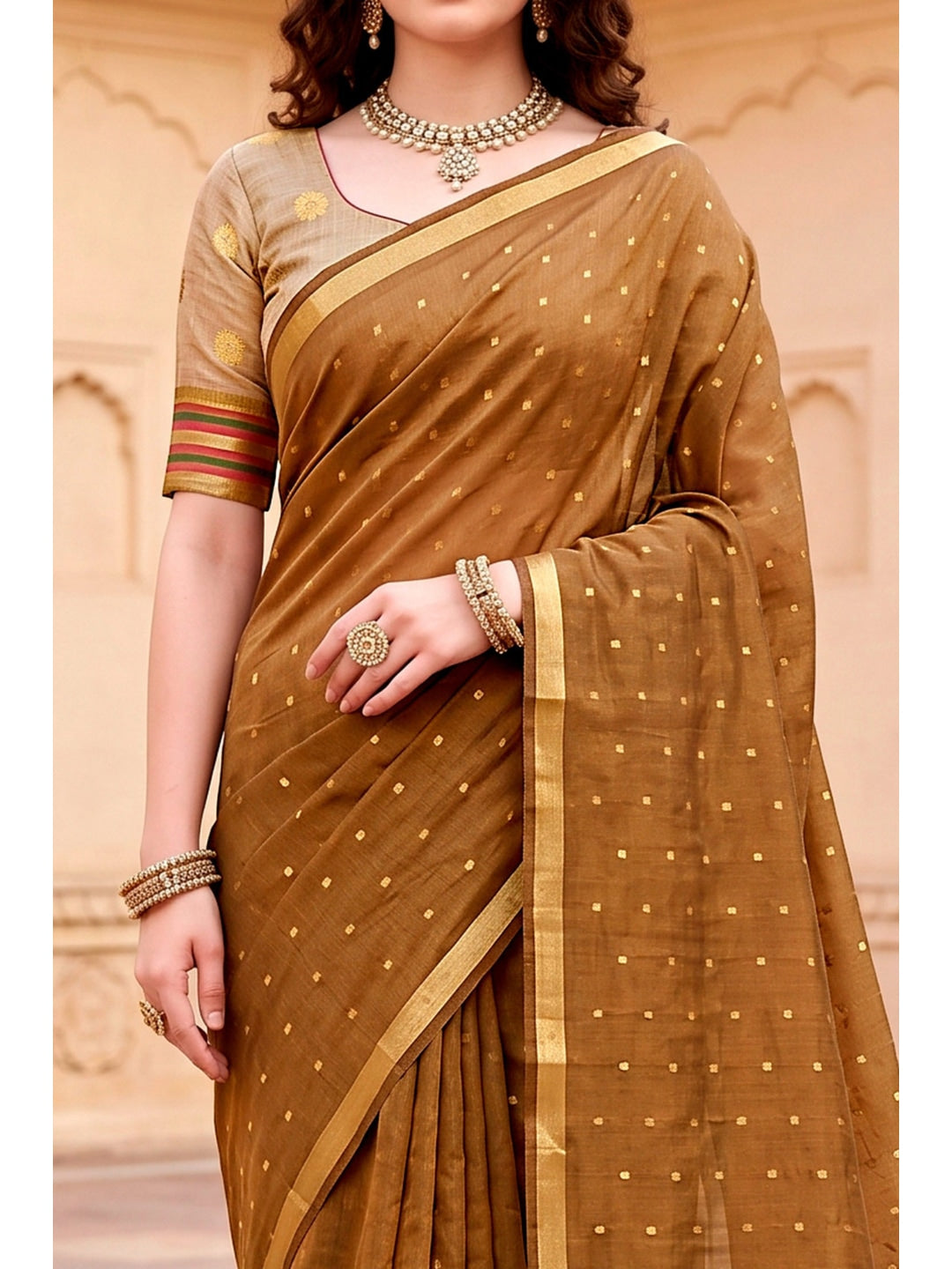 Peachmode Mustard Brown Cotton Blend Prachi Cotton Saree - Image 5