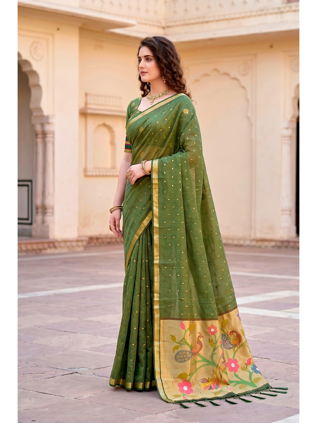 Peachmode Green Cotton Blend Prachi Cotton Saree - Image 2