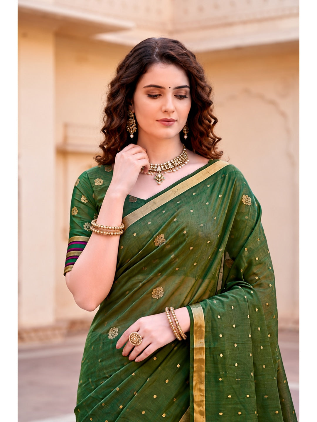 Peachmode Green Cotton Blend Prachi Cotton Saree - Image 3