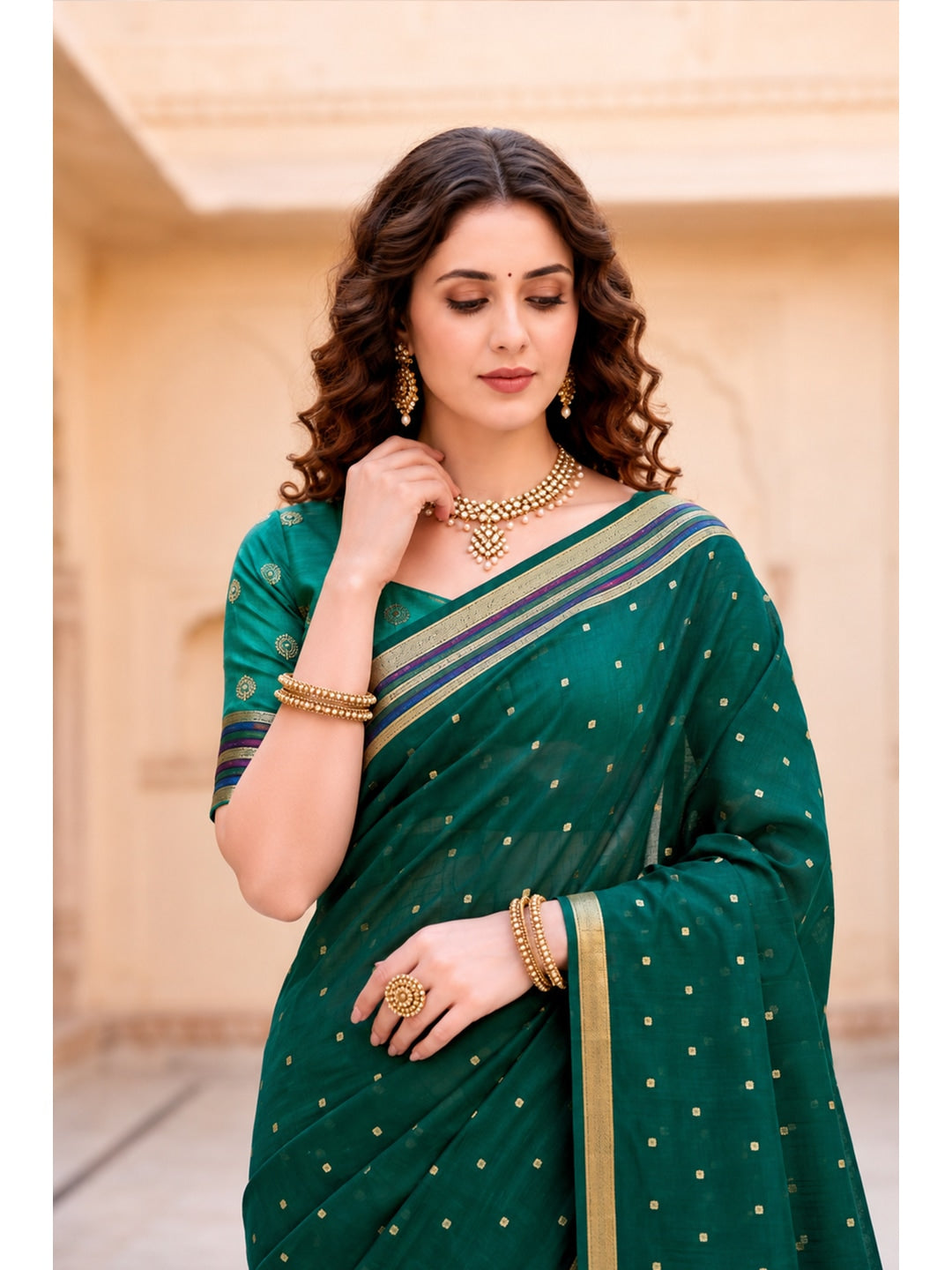 Peachmode Green Cotton Blend Prachi Cotton Saree - Image 3
