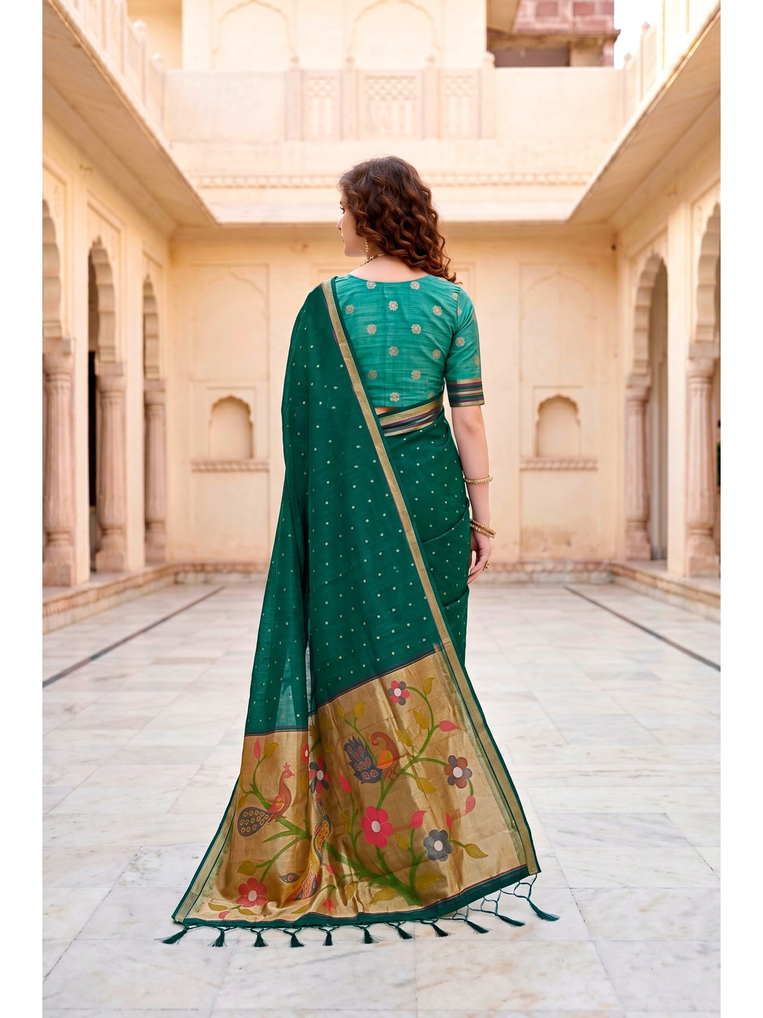 Peachmode Green Cotton Blend Prachi Cotton Saree - Image 4