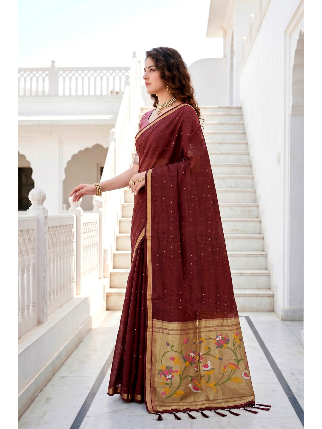 Peachmode Maroon Cotton Blend Prachi Cotton Saree - Image 2