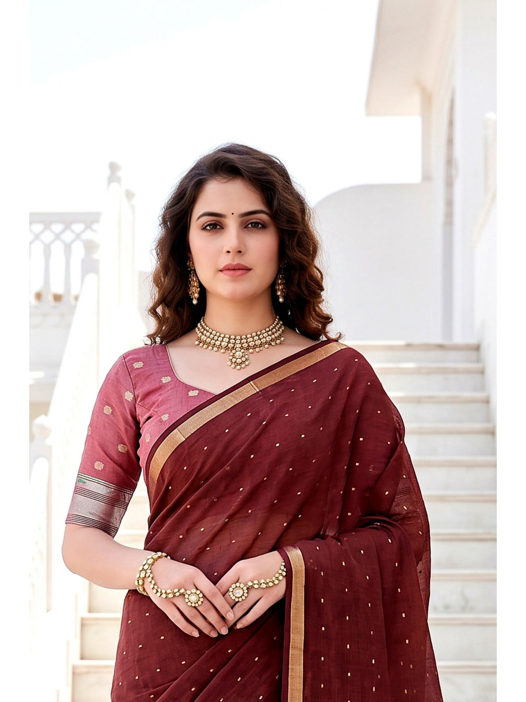 Peachmode Maroon Cotton Blend Prachi Cotton Saree - Image 4
