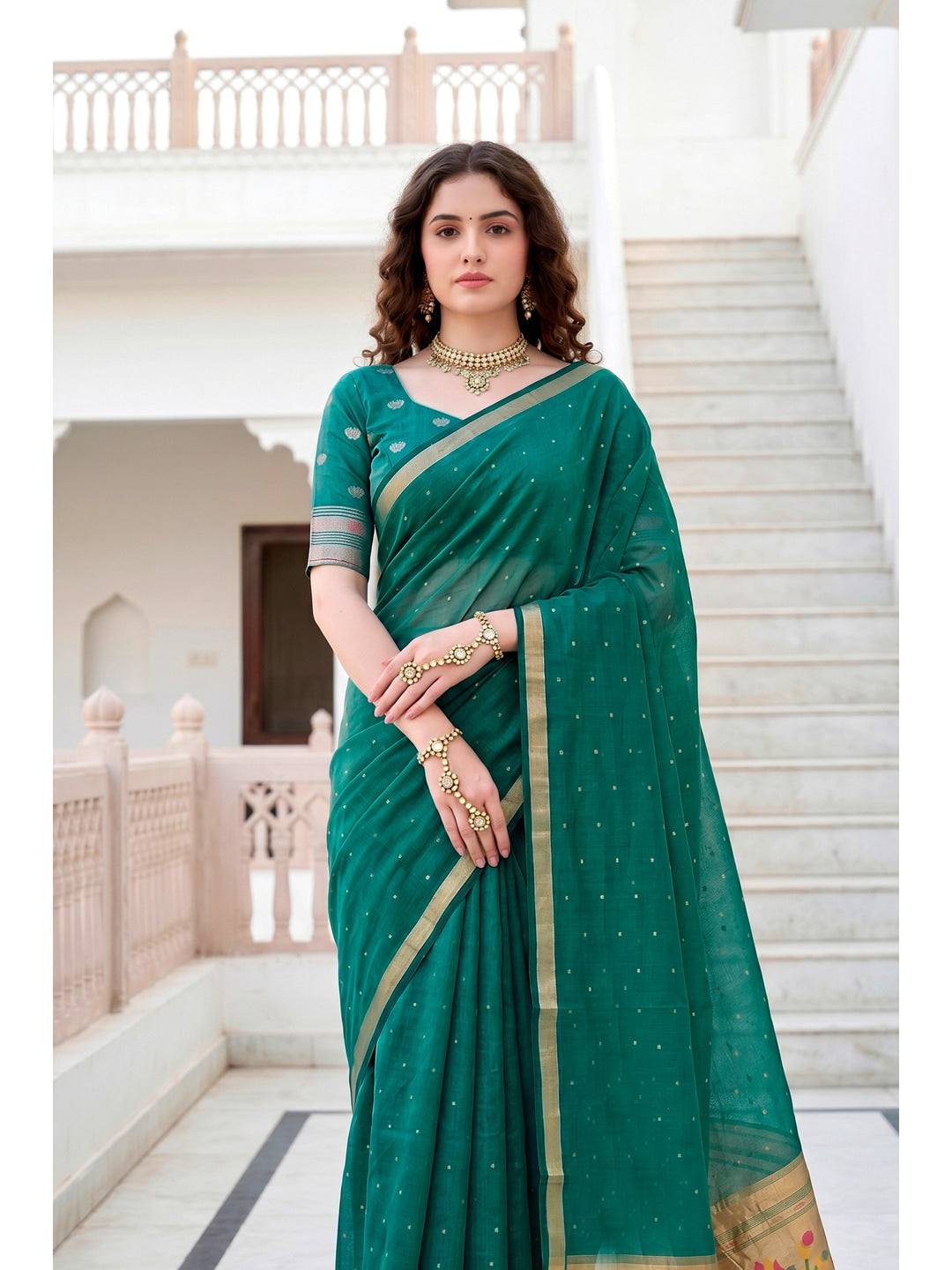 Peachmode Emerald Green Cotton Blend Prachi Cotton Saree - Image 3
