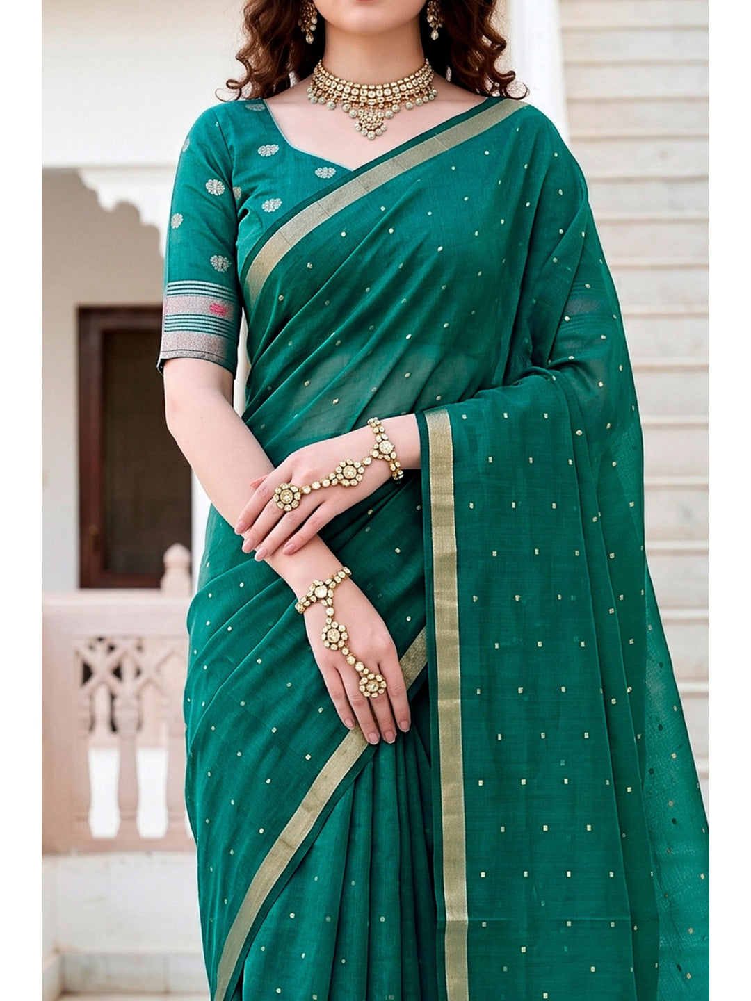 Peachmode Emerald Green Cotton Blend Prachi Cotton Saree - Image 5